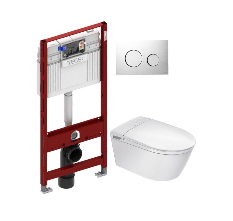 Elektroniczna toaleta myjąca z funkcją mycia, suszenia i podgrzewanej deski WC, w komplecie ze stelażem podtynkowym Tece Major&Maker Superior biały