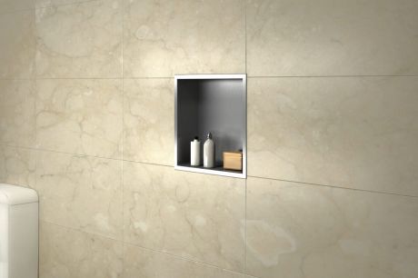 Przejdź do produktu Półka łazienkowa wnękowa do zabudowy 32,5x32,5x10 cm ze stali nierdzewnej kołnierz typu Bend MCJ B. PWN 300/10