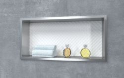 Półka łazienkowa wnękowa do zabudowy 23,5x32,5x10 cm ze stali nierdzewnej kołnierz typu Bend MCJ B. PWN 200/10