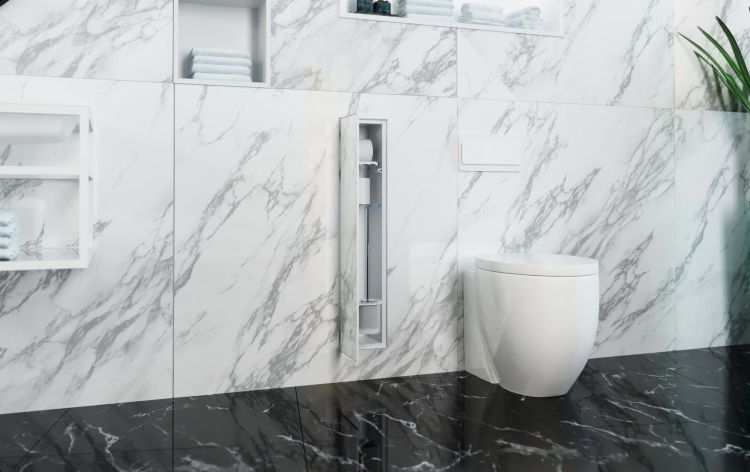 Schowek do szczotki i papieru toaletowego do zabudowy 18x82,2x15 cm MCJ stal nierdzewna z drzwiami do ułożenia płytek kołnierz typu Zero Z.PWAT WC 800