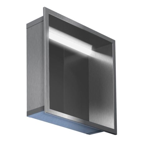 Przejdź do produktu Półka łazienkowa wnękowa do zabudowy 21,5x32,5x10 cm ze stali nierdzewnej z oświetleniem LED kołnierz typu Bend MCJ B. PWN LED 200/10