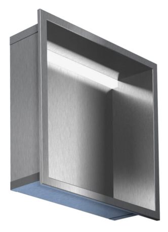 Przejdź do produktu Półka łazienkowa wnękowa do zabudowy 32,5x32,5x10 cm ze stali nierdzewnej z oświetleniem LED kołnierz typu Bend MCJ B. PWN LED 300/10