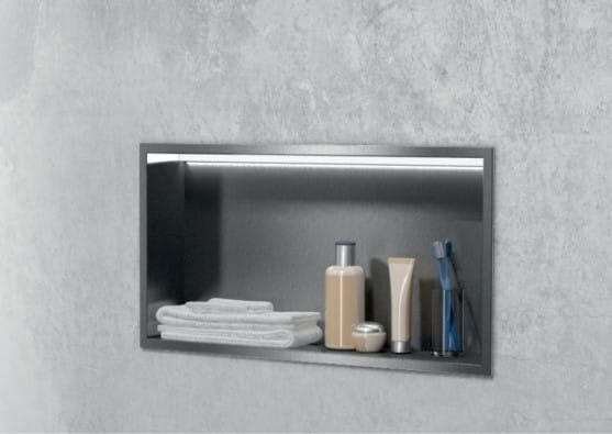 Półka łazienkowa wnękowa do zabudowy 32,5x32,5x10 cm ze stali nierdzewnej z oświetleniem LED kołnierz typu Bend MCJ B. PWN LED 300/10