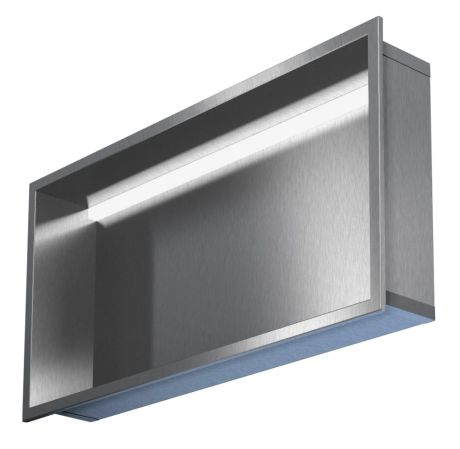 Przejdź do produktu Półka łazienkowa wnękowa do zabudowy 62,5x32,5x15 cm ze stali nierdzewnej z oświetleniem LED kołnierz typu Bend MCJ B. PWN LED 600/15