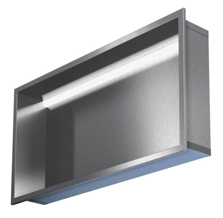 Półka łazienkowa wnękowa do zabudowy 62,5x32,5x15 cm ze stali nierdzewnej z oświetleniem LED kołnierz typu Bend MCJ B. PWN LED 600/15