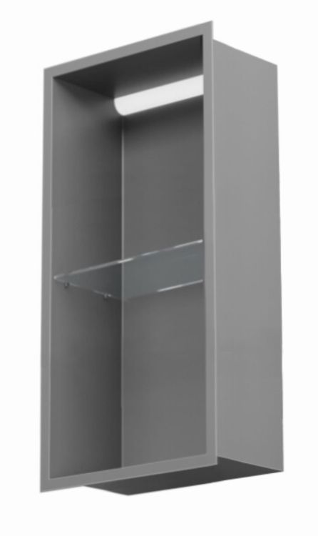 Półka łazienkowa wnękowa do zabudowy 32,5x59,7x15 cm ze stali nierdzewnej z oświetleniem LED kołnierz typu Flat MCJ F.PWNP LED 600/15 szary
