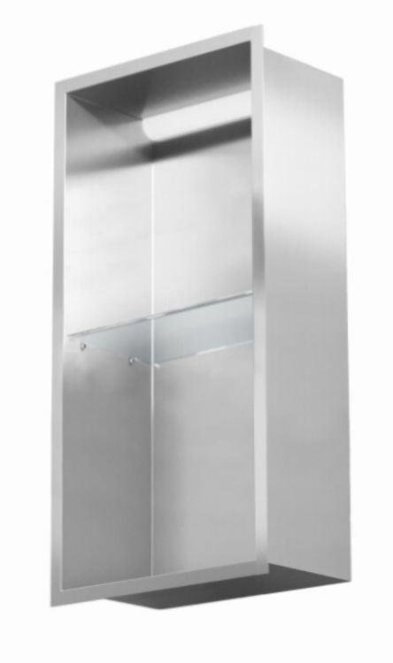 Półka łazienkowa wnękowa do zabudowy 32,5x59,7x15 cm ze stali nierdzewnej z oświetleniem LED kołnierz typu Flat MCJ F.PWNP LED 600/15 stal szlifowana