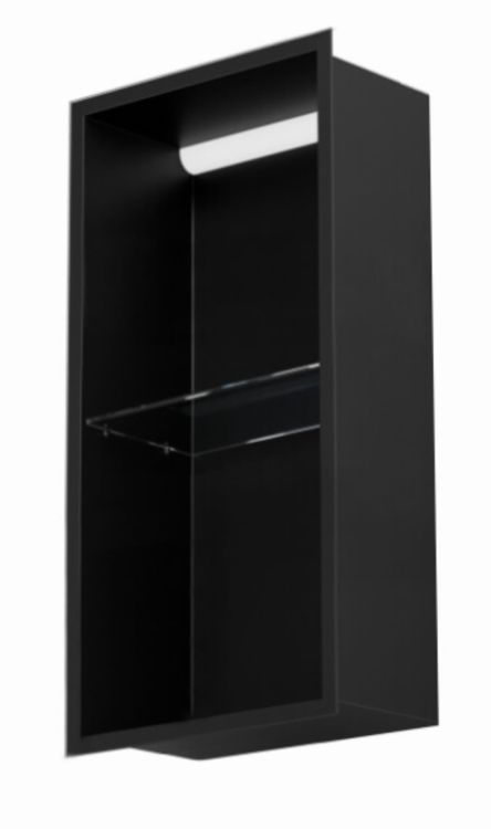 Półka łazienkowa wnękowa do zabudowy 32,5x59,7x15 cm ze stali nierdzewnej z oświetleniem LED kołnierz typu Flat MCJ F.PWNP LED 600/15 czarny