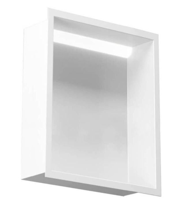Półka łazienkowa wnękowa do zabudowy 23,3x32,3x15 cm ze stali nierdzewnej z oświetleniem LED, kołnierz typu Flat MCJ F.PWN 200/15 LED biały