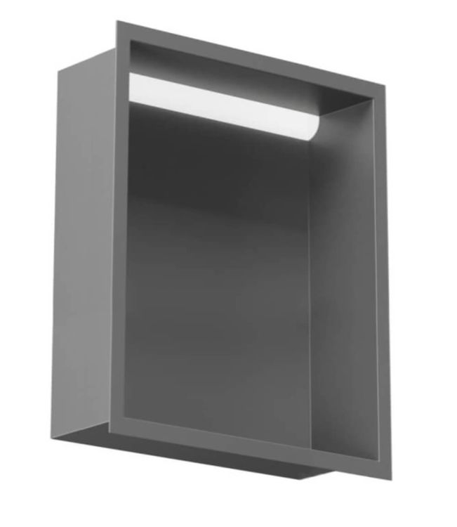 Półka łazienkowa wnękowa do zabudowy 23,3x32,3x10 cm ze stali nierdzewnej z oświetleniem LED, kołnierz typu Flat MCJ F.PWN 200/10 LED szary