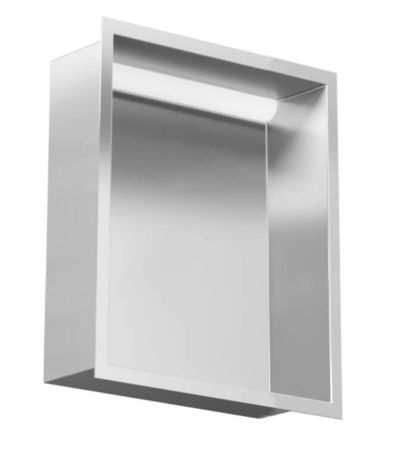 Przejdź do produktu Półka łazienkowa wnękowa do zabudowy 23,3x32,3x10 cm ze stali nierdzewnej z oświetleniem LED, kołnierz typu Flat MCJ F.PWN 200/10 LED