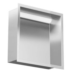 Półka łazienkowa wnękowa do zabudowy 32,3x32,3x10 cm ze stali nierdzewnej z oświetleniem LED, kołnierz typu Flat MCJ F.PWN 300/10 LED stal szlifowana