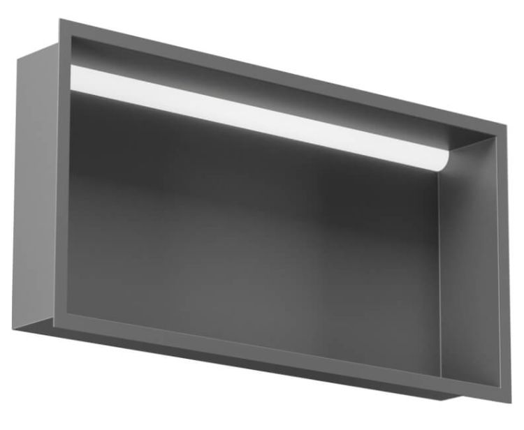 Półka łazienkowa wnękowa do zabudowy 62,3x32,3x10 cm ze stali nierdzewnej z oświetleniem LED, kołnierz typu Flat MCJ F.PWN 600/10 LED szary