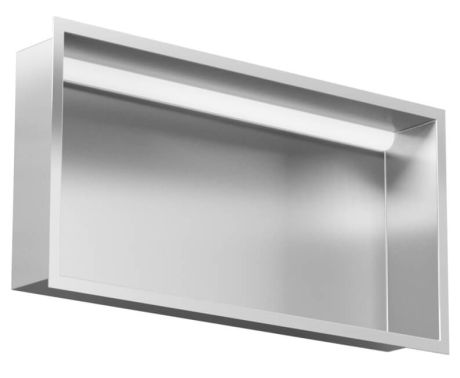 Przejdź do produktu Półka łazienkowa wnękowa do zabudowy 62,3x32,3x15 cm ze stali nierdzewnej z oświetleniem LED, kołnierz typu Flat MCJ F.PWN 600/15 LED