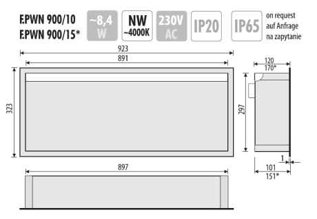 Przejdź do produktu Półka łazienkowa wnękowa do zabudowy 92,3x32,3x15 cm ze stali nierdzewnej z oświetleniem LED, kołnierz typu Flat MCJ F.PWN 900/15 LED