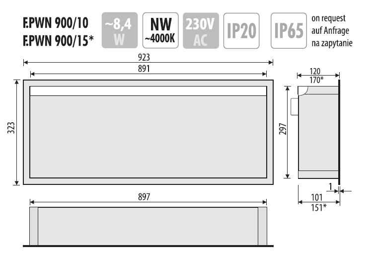 Półka łazienkowa wnękowa do zabudowy 92,3x32,3x10 cm ze stali nierdzewnej z oświetleniem LED, kołnierz typu Flat MCJ F.PWN 900/10 LED