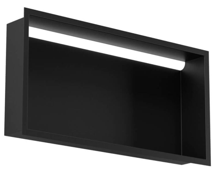 Półka łazienkowa wnękowa do zabudowy 92,3x32,3x15 cm ze stali nierdzewnej z oświetleniem LED, kołnierz typu Flat MCJ F.PWN 900/15 LED czarny