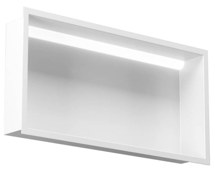 Półka łazienkowa wnękowa do zabudowy 92,3x32,3x15 cm ze stali nierdzewnej z oświetleniem LED, kołnierz typu Flat MCJ F.PWN 900/15 LED biały