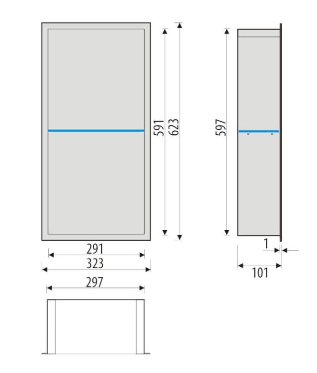Półka łazienkowa wnękowa do zabudowy 32,5x62,3x10 cm ze stali nierdzewnej ze szklanymi półkami kołnierz typu Flat MCJ F.PWNP 600/10