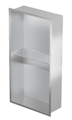 Przejdź do produktu Półka łazienkowa wnękowa do zabudowy 32,5x62,3x10 cm ze stali nierdzewnej ze szklanymi półkami kołnierz typu Flat MCJ F.PWNP 600/10