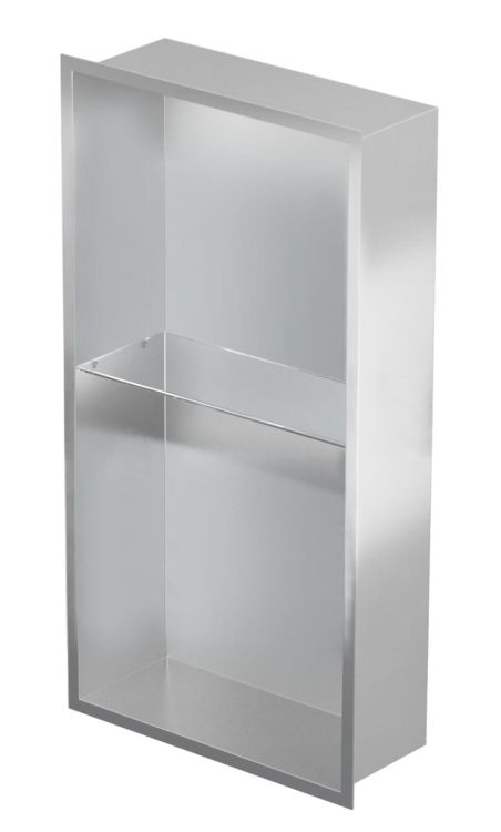 Półka łazienkowa wnękowa do zabudowy 32,5x62,3x10 cm ze stali nierdzewnej ze szklanymi półkami kołnierz typu Flat MCJ F.PWNP 600/10 stal szlifowana