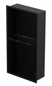 Półka łazienkowa wnękowa do zabudowy 32,5x62,3x15 cm ze stali nierdzewnej ze szklanymi półkami kołnierz typu Flat MCJ F.PWNP 600/15 czarny