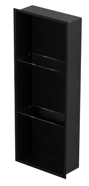 Półka łazienkowa wnękowa do zabudowy 32,5x89,7x10 cm ze stali nierdzewnej ze szklanymi półkami kołnierz typu Flat MCJ F.PWNP 900/10 czarny