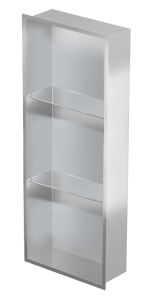 Półka łazienkowa wnękowa do zabudowy 32,5x89,7x10 cm ze stali nierdzewnej ze szklanymi półkami kołnierz typu Flat MCJ F.PWNP 900/10 stal szlifowana