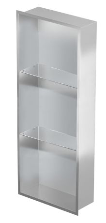 Przejdź do produktu Półka łazienkowa wnękowa do zabudowy 32x92x15 cm ze stali nierdzewnej ze szklanymi półkami kołnierz typu Flat MCJ F.PWNP 900/15