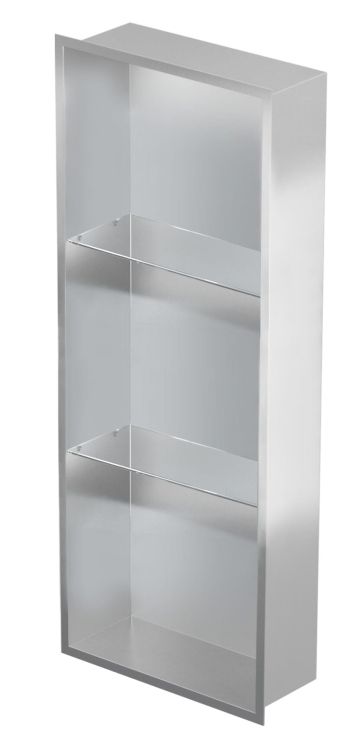 Półka łazienkowa wnękowa do zabudowy 32,5x89,7x15 cm ze stali nierdzewnej ze szklanymi półkami kołnierz typu Flat MCJ F.PWNP 900/15 stal szlifowana