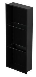 Półka łazienkowa wnękowa do zabudowy 32,5x89,7x15 cm ze stali nierdzewnej ze szklanymi półkami kołnierz typu Flat MCJ F.PWNP 900/15 czarny