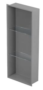 Półka łazienkowa wnękowa do zabudowy 32,5x89,7x15 cm ze stali nierdzewnej ze szklanymi półkami kołnierz typu Flat MCJ F.PWNP 900/15 szary