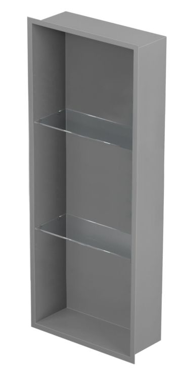 Półka łazienkowa wnękowa do zabudowy 32,5x89,7x15 cm ze stali nierdzewnej ze szklanymi półkami kołnierz typu Flat MCJ F.PWNP 900/15 szary