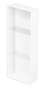 Półka łazienkowa wnękowa do zabudowy 32,5x89,7x15 cm ze stali nierdzewnej ze szklanymi półkami kołnierz typu Flat MCJ F.PWNP 900/15 biały