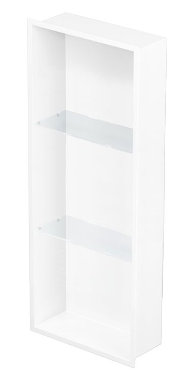 Półka łazienkowa wnękowa do zabudowy 32,5x89,7x15 cm ze stali nierdzewnej ze szklanymi półkami kołnierz typu Flat MCJ F.PWNP 900/15 biały