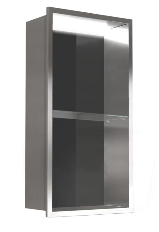 Półka łazienkowa wnękowa do zabudowy 32,5x59,7x15 cm ze stali nierdzewnej z oświetleniem LED kołnierz typu Bend MCJ B.PWNP LED 600/15