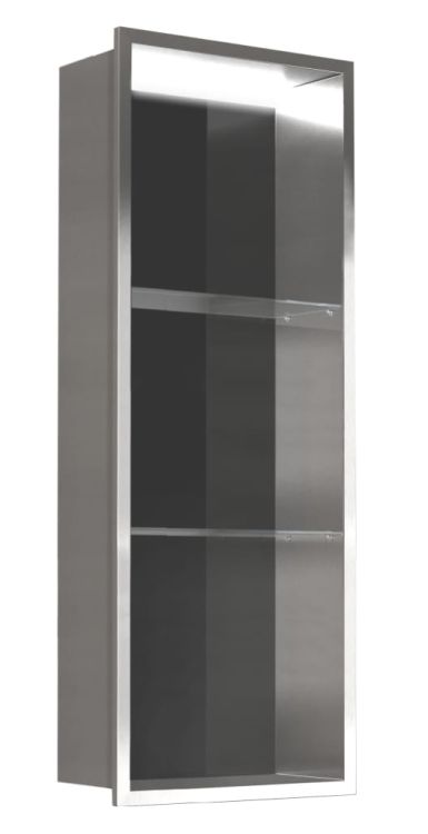 Półka łazienkowa wnękowa do zabudowy 32,5x89,7x15 cm ze stali nierdzewnej z oświetleniem LED kołnierz typu Bend MCJ B.PWNP LED 900/15