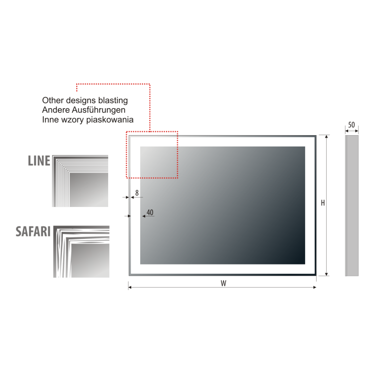 Lustro prostokątne 80x60 cm ze stalową ramą i oświetleniem LED MCJ Diamant