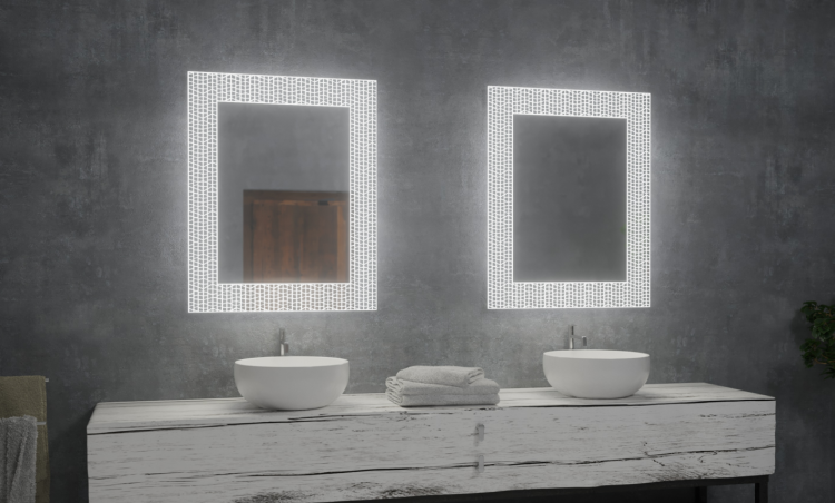 Lustro prostokątne 100x80 cm ze stalową ramą i oświetleniem LED MCJ Mosaic