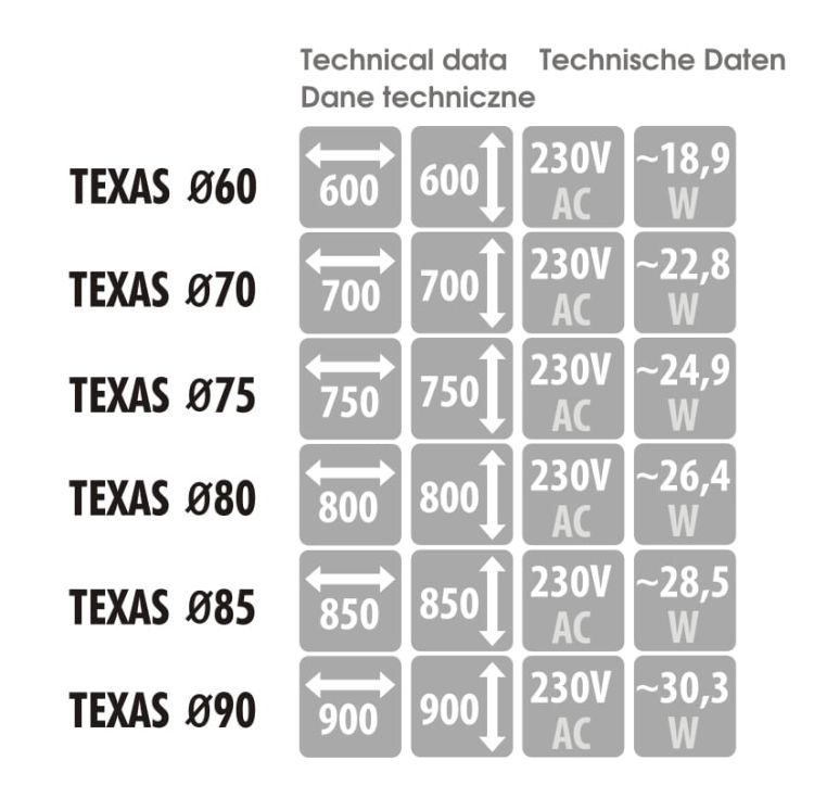Lustro okrągłe z czarną, stalową ramą i oświetleniem LED MCJ Texas - wymiary