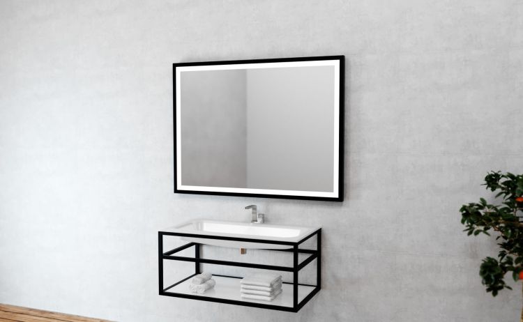 Lustro prostokątne 100x80 cm z czarną stalową ramą i oświetleniem LED MCJ Aston