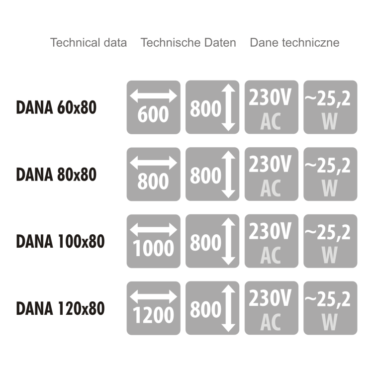 Lustro prostokątne z oświetleniem LED MCJ Dana - dostępne rozmiary