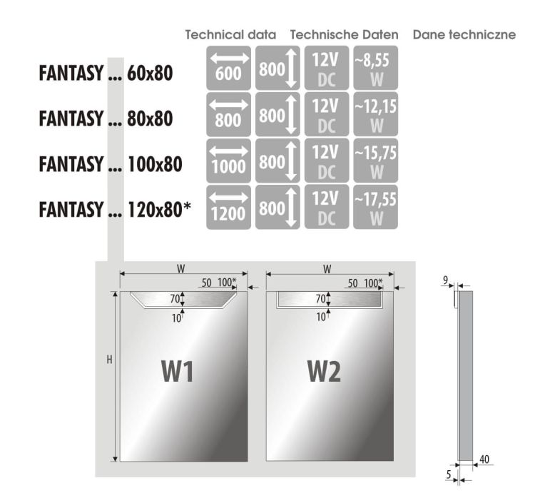 Lustro prostokątne 100x80 cm z oświetleniem LED MCJ Fantasy