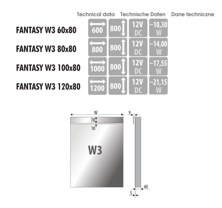 Lustro prostokątne 100x80 cm z oświetleniem LED MCJ Fantasy