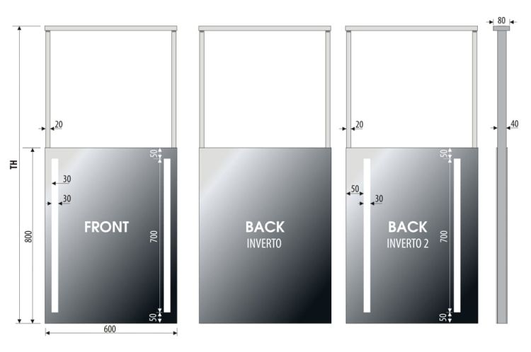 Lustro prostokątne 60x80 cm dwustronne, zawieszane na czarnej, stalowej ramie z oświetleniem LED MCJ Inverto