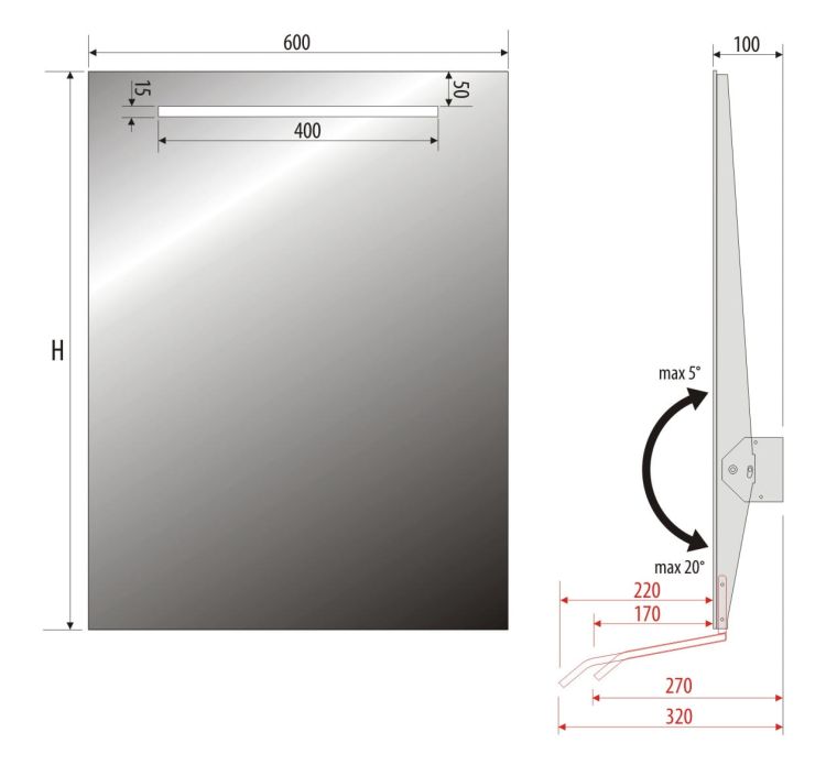 Lustro prostokątne 60x80 cm z regulacją nachylenia i oświetleniem LED MCJ Torino 1