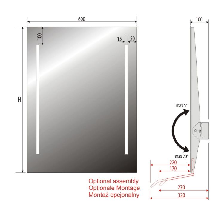 Lustro prostokątne 60x80 cm z regulacją nachylenia i oświetleniem LED MCJ Torino 2