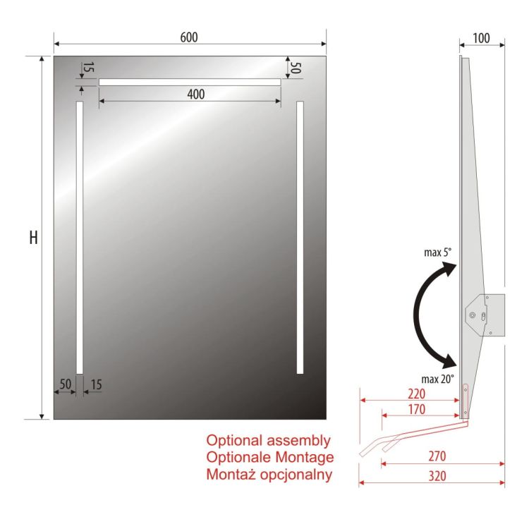 Lustro prostokątne 60x80 cm z regulacją nachylenia i oświetleniem LED MCJ Torino 3