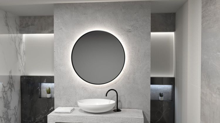 Lustro okrągłe 60 cm w stalowej, czarnej ramie z oświetleniem LED MCJ Ronda Plus
