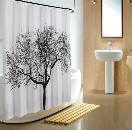 Przejdź do produktu Zasłonka prysznicowa 180x200cm, polyester, czarno/biała, drzewo